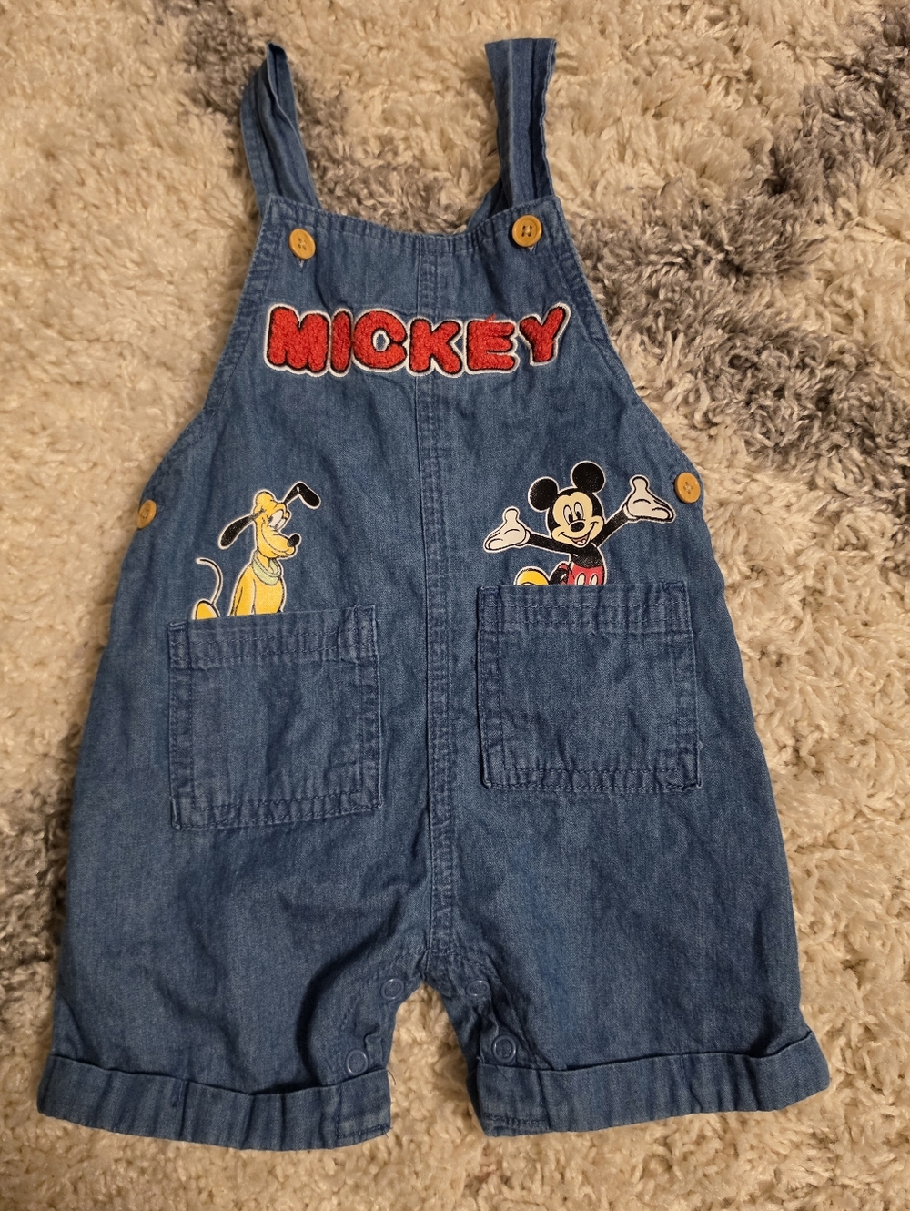 Disney Mickey Mouse & Pluto Denim Overalls Romper - Size 12 Months